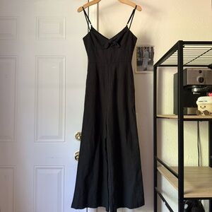 MIJAH black linen tie front sleeveless cropped raw hem jumpsuit